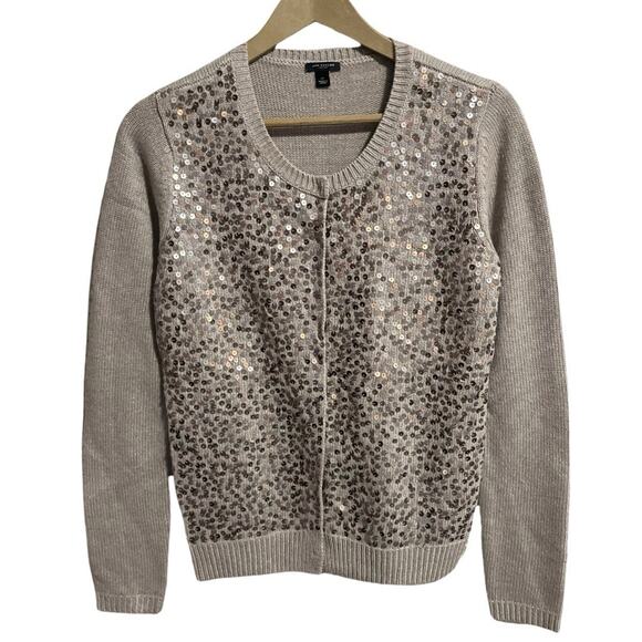 Ann Taylor Sequin Front Angora Cardigan Size M Taupe Wool Blend Snap Front NEW - Picture 1 of 10